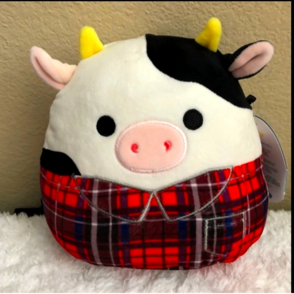 Squishmallow NEW CONNOR Plaid Cow Plush with Red and Black 7in Tall NWT